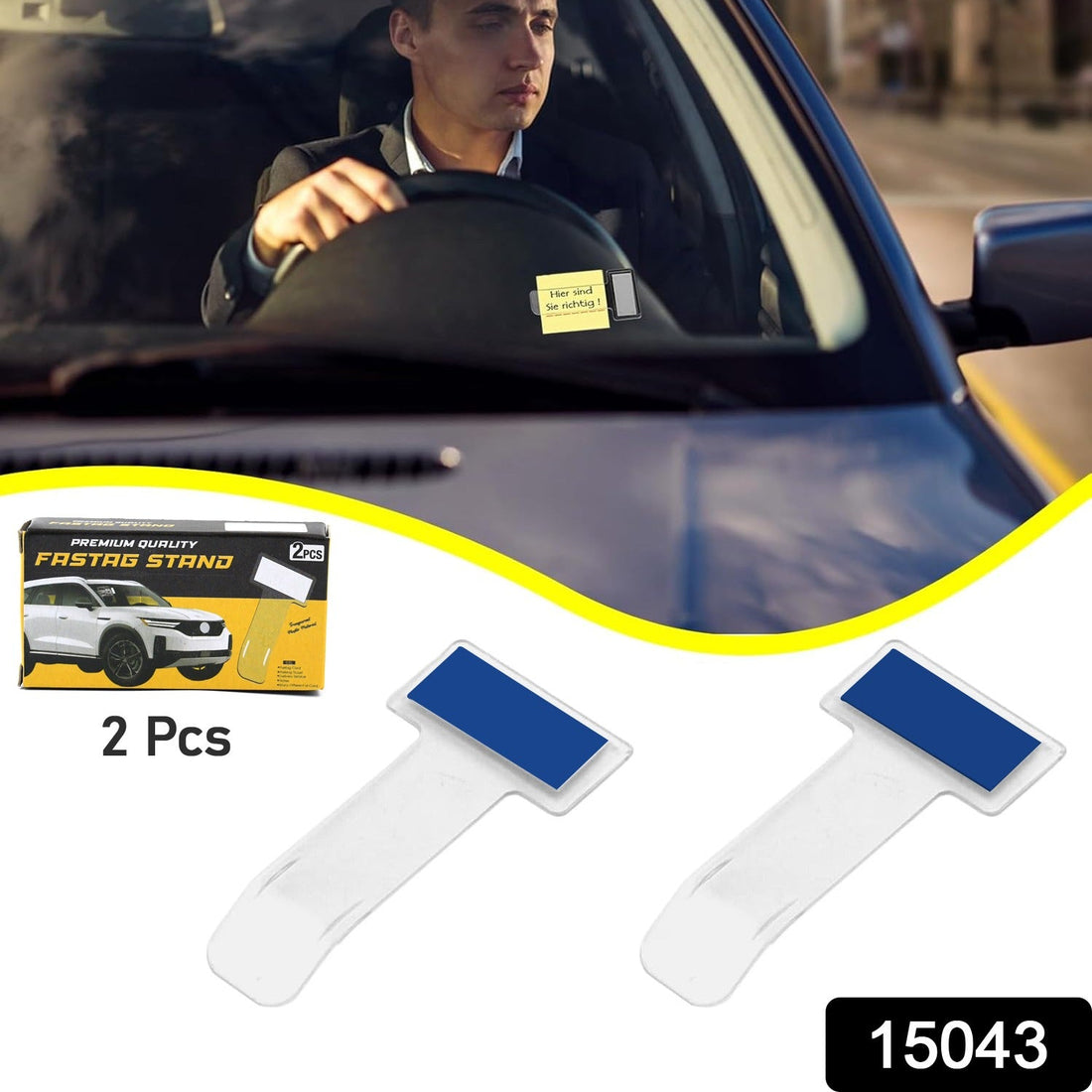 Transparent Fastag Holder for Car securely displayed on a car windscreen.
