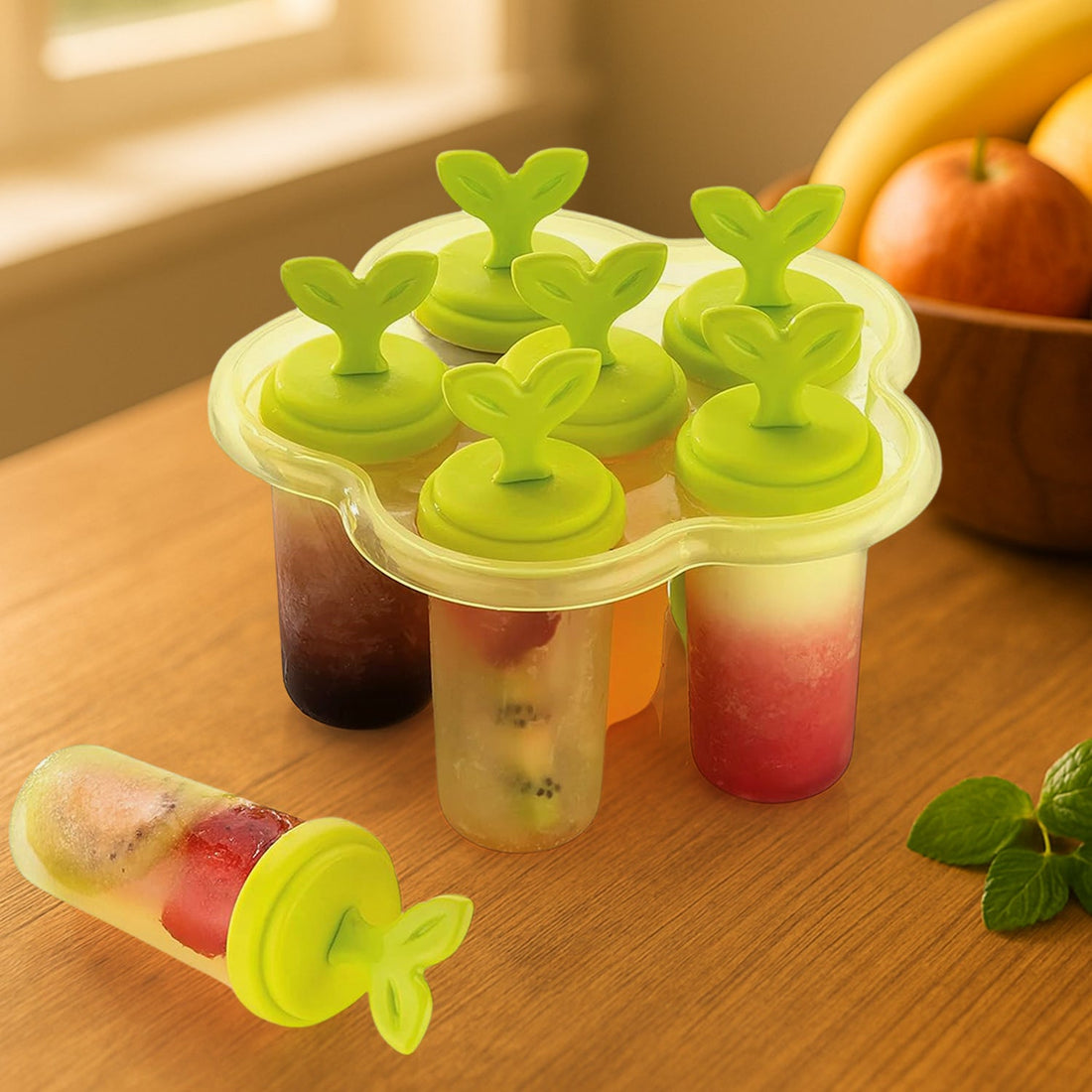 Ice candy mold with six compartments for making homemade treats.