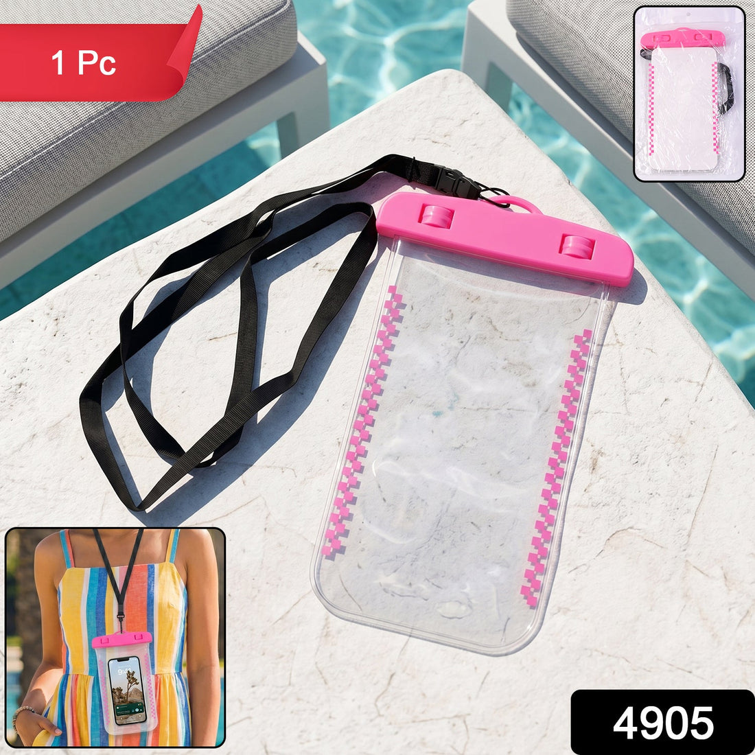 Main image of pink waterproof mobile pouch cover with lanyard