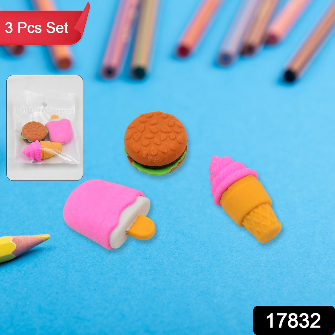 Colourful fancy erasers in a 3-piece set, ideal for kids' school supplies.