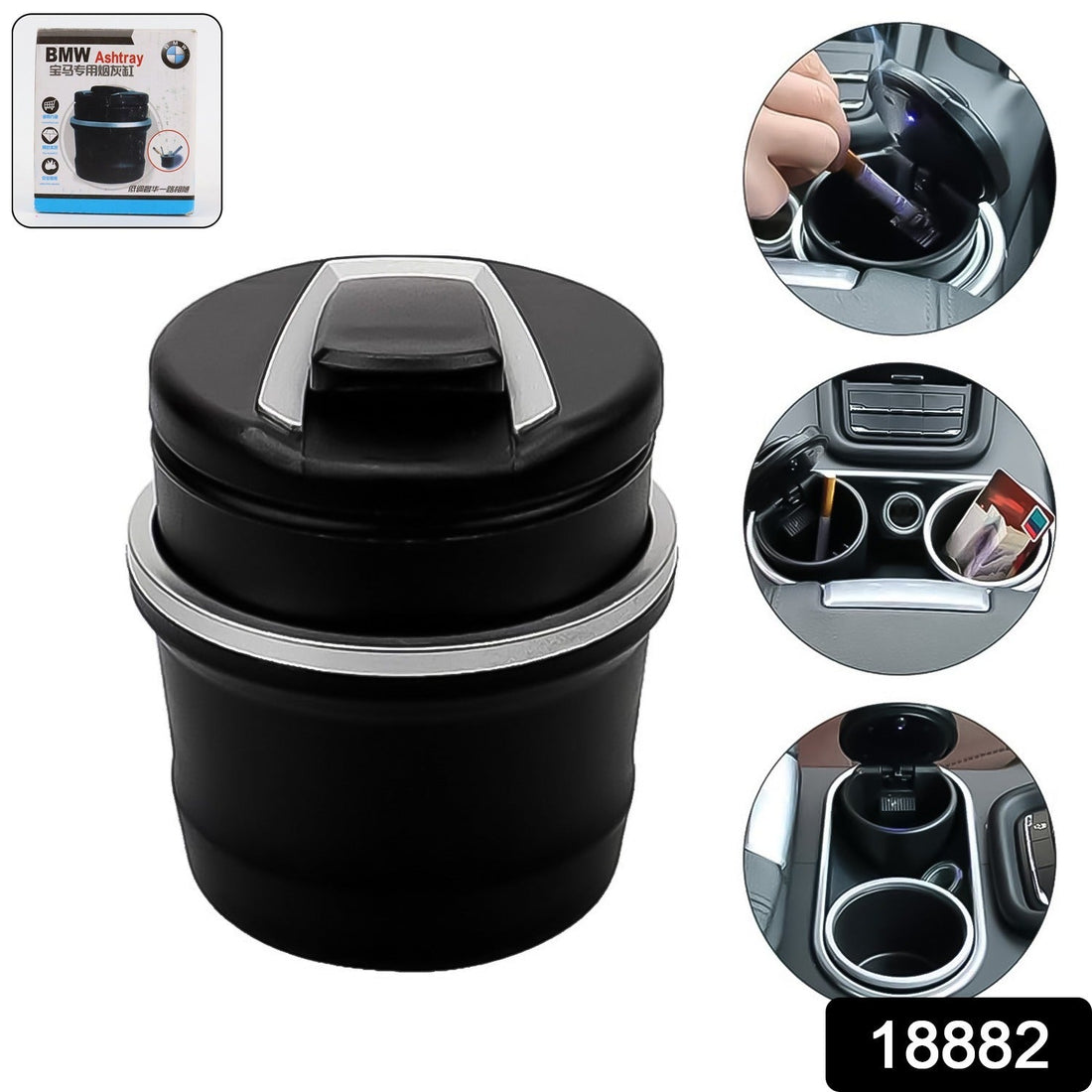 Portable car ashtray with blue LED light illuminated inside