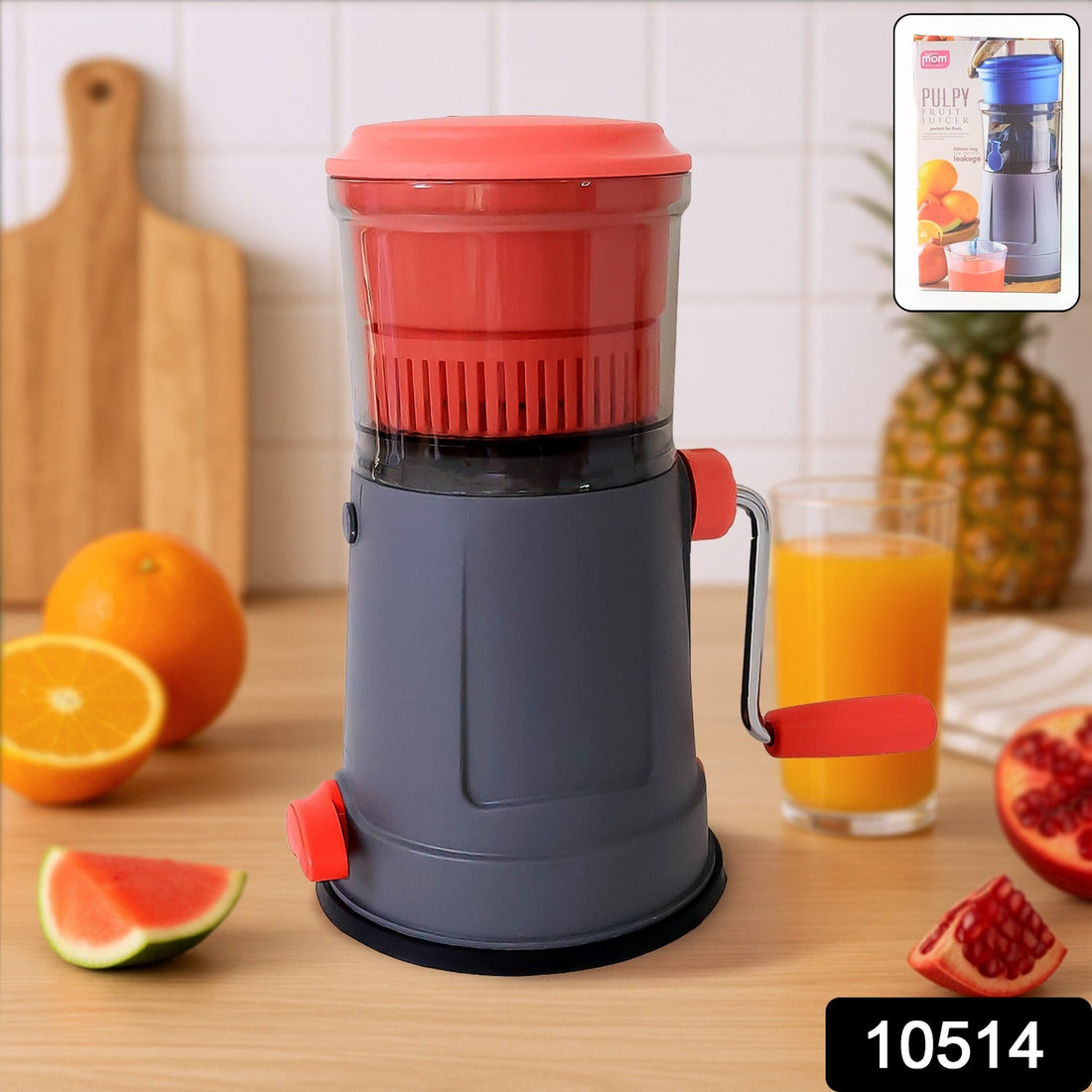 Fruit juicer with an extra long handle for easy manual juicing