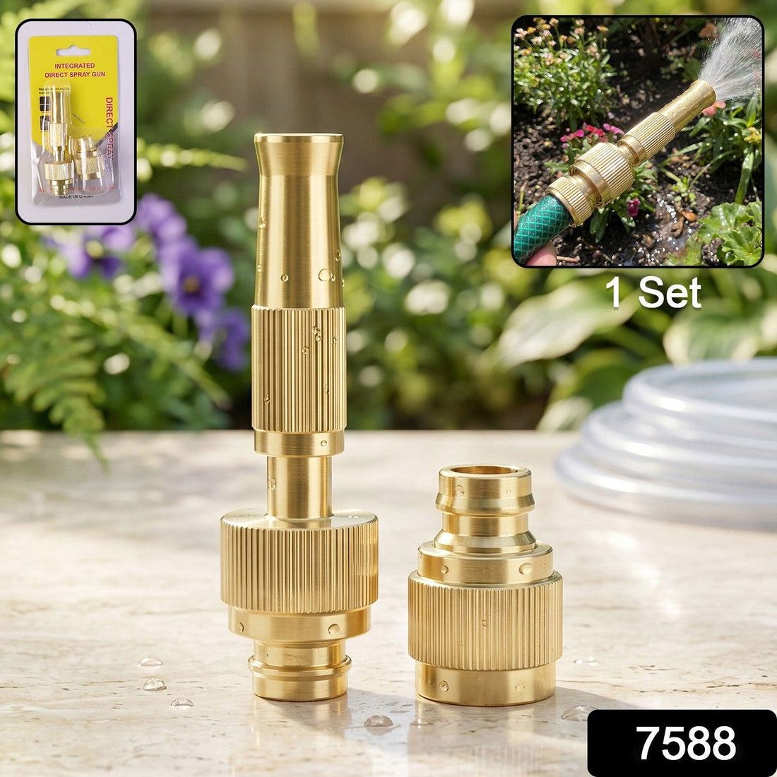 Golden Brass Garden Hose Water Nozzle Spray Gun with Quick Connect Tap Adapter (1 Set) product image