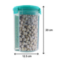 Close-up of the transparent 3-in-1 dispenser with three distinct sections and a secure lid.