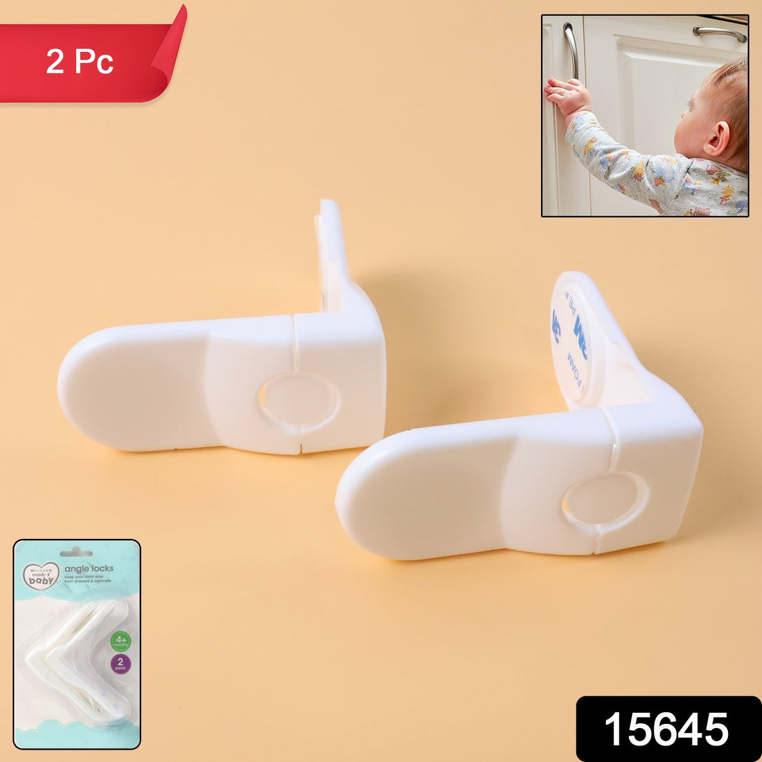 Baby safety cabinet lock securing corner of furniture
