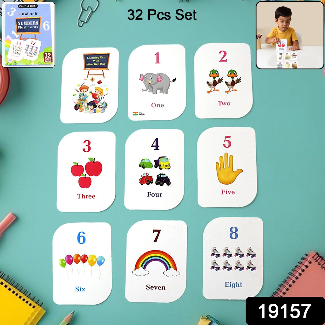 32-piece number flashcard set with colorful illustrations for early learning
