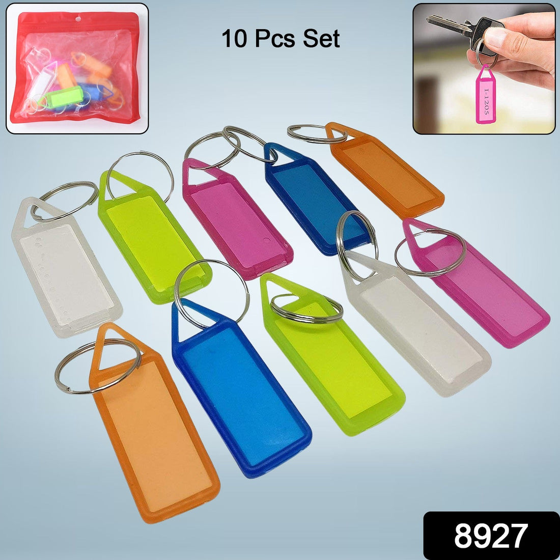 Set of 10 colorful plastic keychain tags with translucent design for key organization