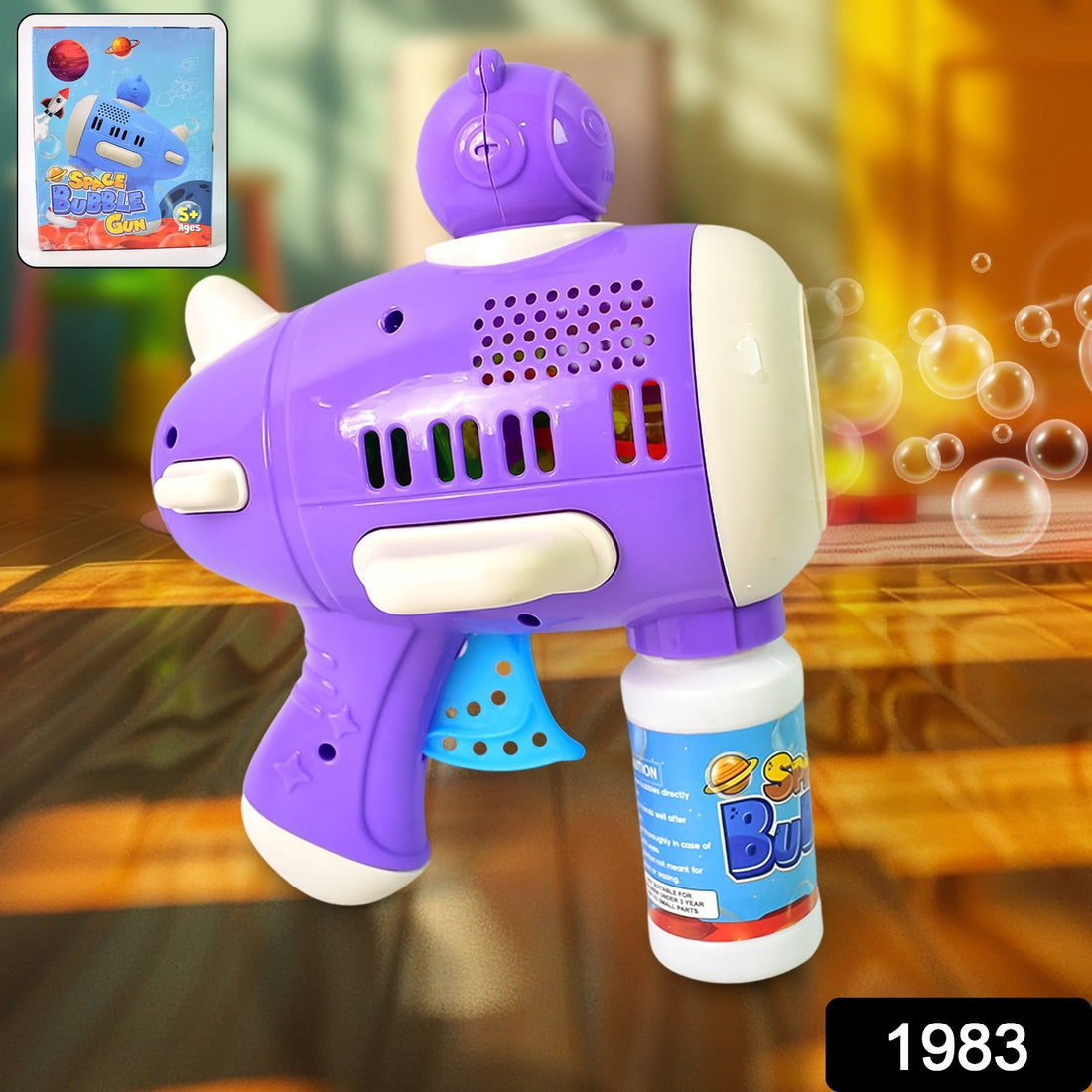 Kids playing with a blue space-themed automatic bubble gun toy.
