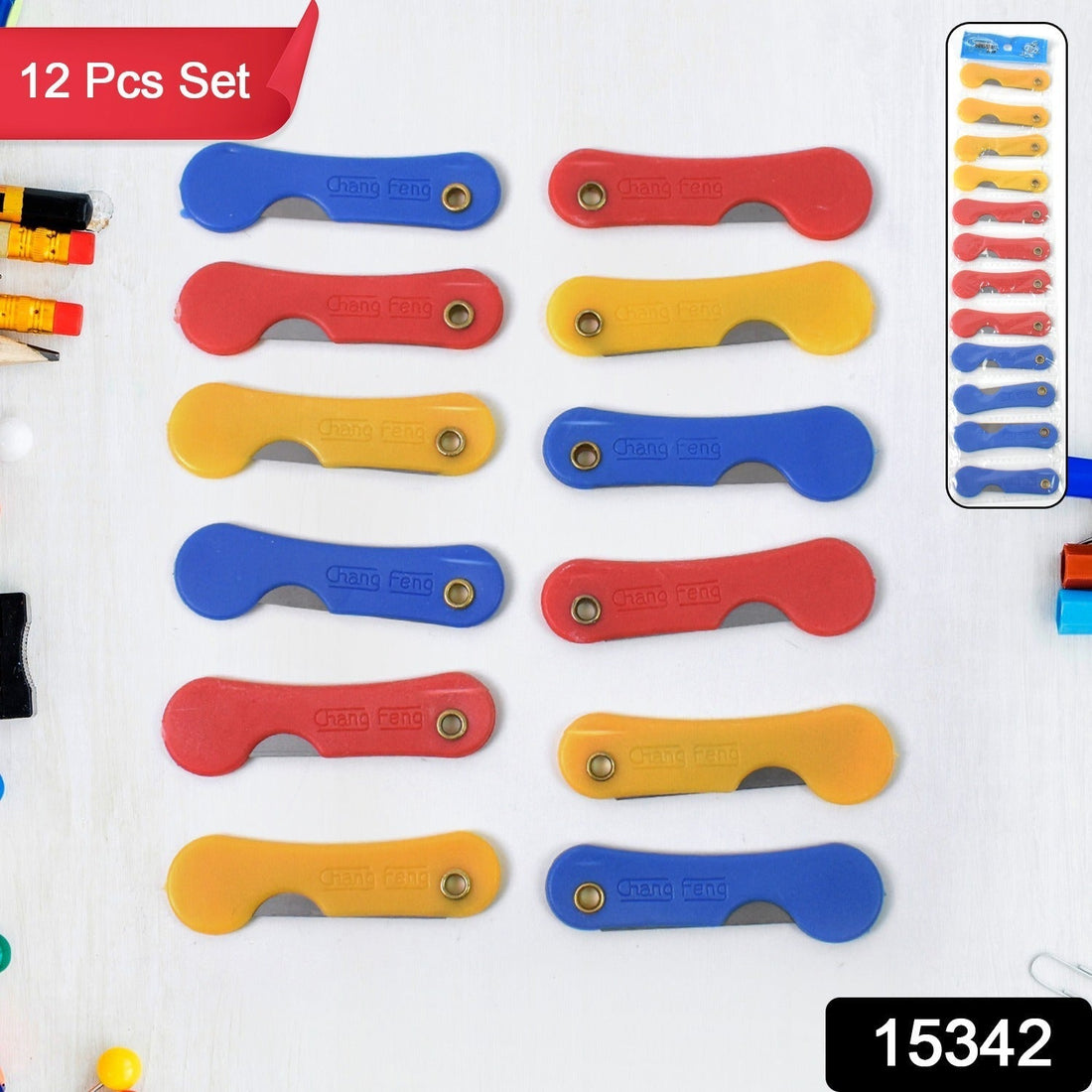Pack of 12 multicolour mini paper cutter knives displayed neatly.