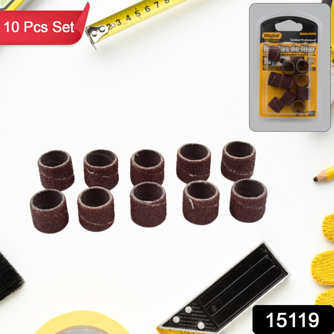 A close-up of the 10-piece Drum Polishing Kit with various sanding sleeves and mandrels.