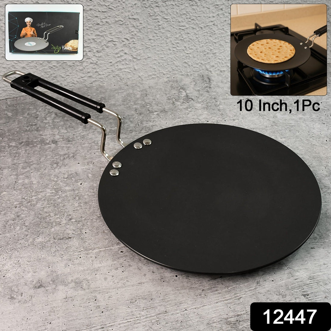 Premium 10 inch non-stick flat roti tawa with heat-resistant handle