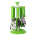 Rotating stand holding organized stainless steel cutlery set