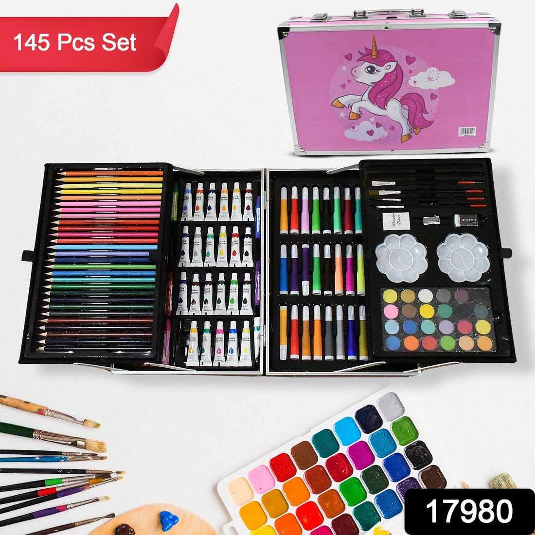 A vibrant 145-piece kids art set in a unicorn design case, open to display all art supplies.