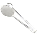 Stainless steel frying filter spoon with food being removed from oil.