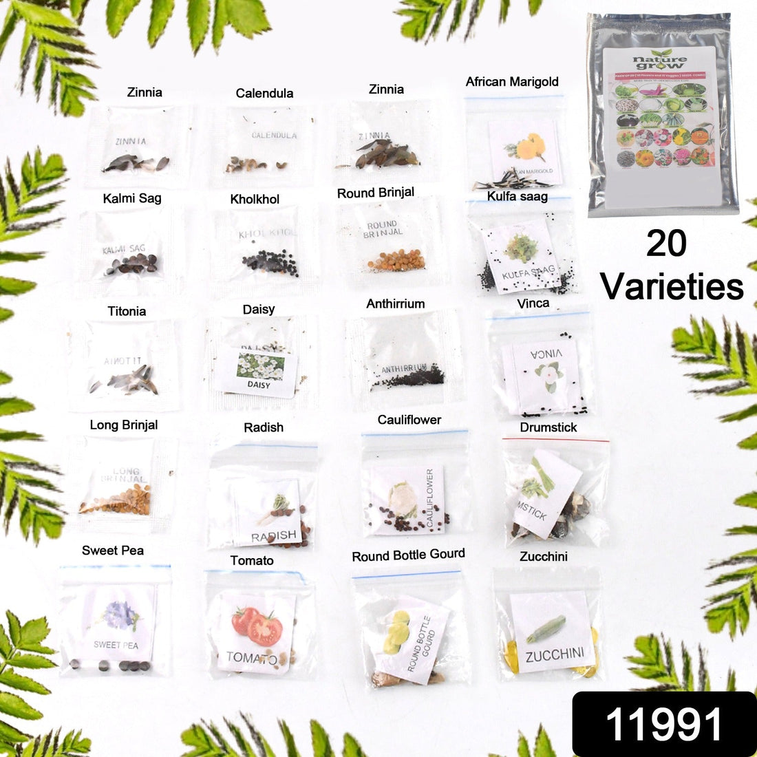 Close-up of vegetable and flower seeds mix from the 20 varieties combo for home gardening.