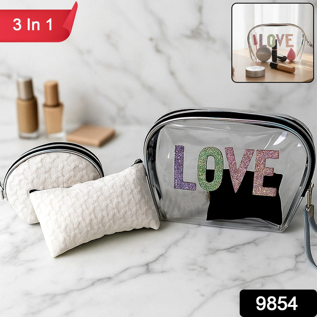 3-in-1 makeup bag set featuring transparent pouch with glitter LOVE design