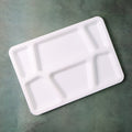 6 compartment white plastic serving tray ideal for balanced plating and portion control.
