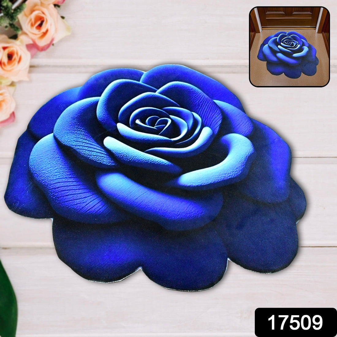 3D blue rose shaped anti-slip velvet floor mat in a home setting