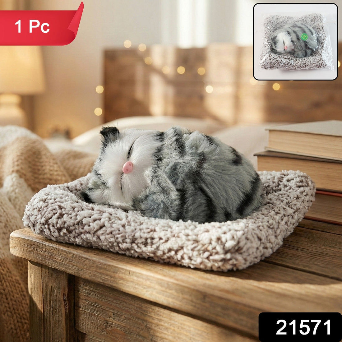 Closed-eye plush cat toy showcasing soft fabric for car dashboard decor