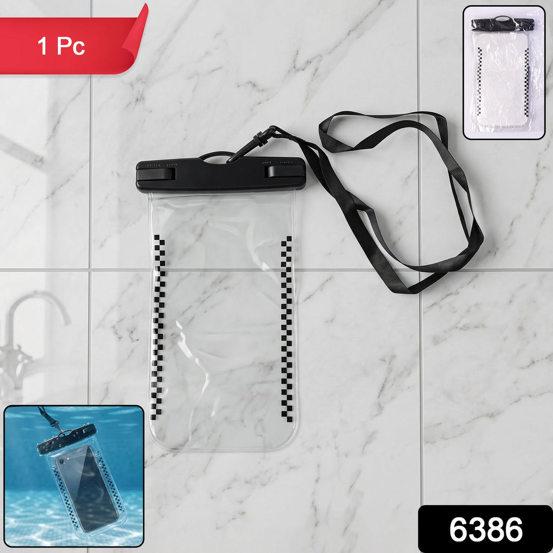 Universal waterproof mobile pouch with black lanyard