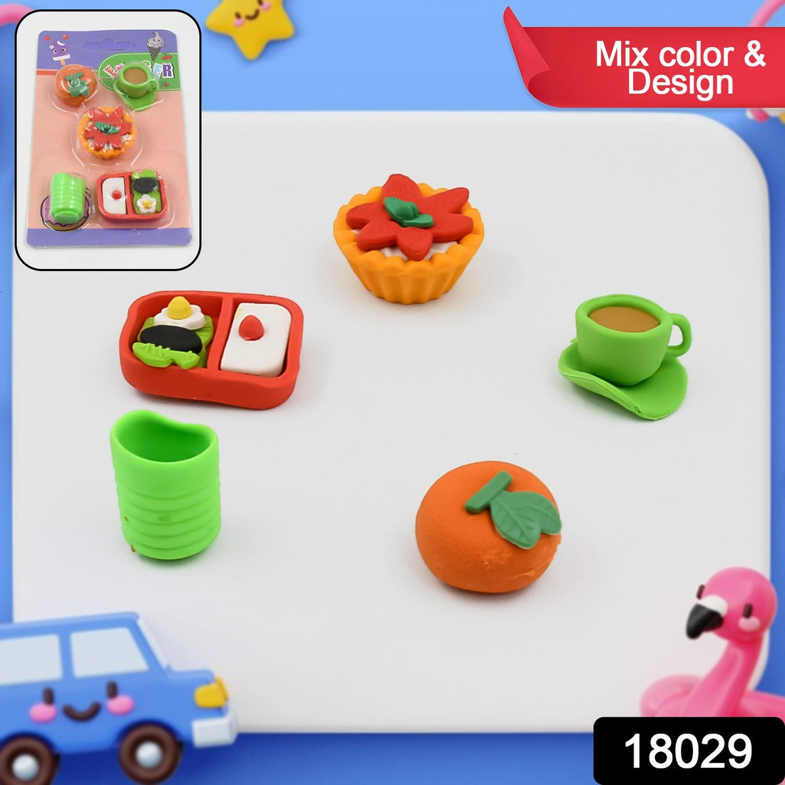 A vibrant set of 3D erasers for kids, featuring various fun shapes and colors, displayed against a white background.