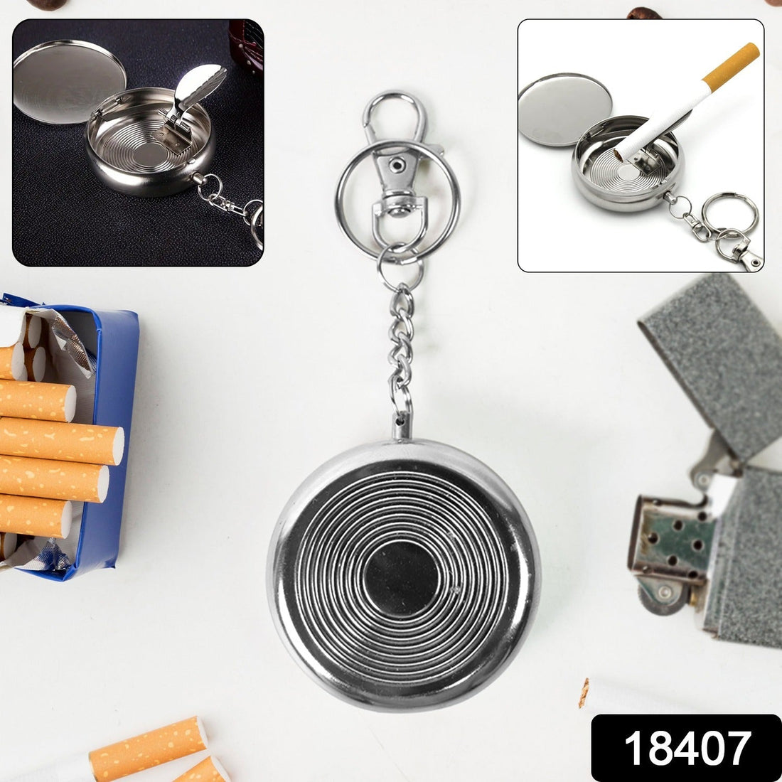 Steel pocket ashtray keyring with secure lid