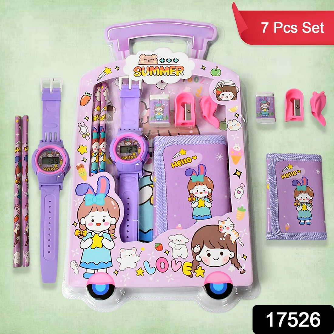 Complete 7-in-1 Kids Stationery Set with pencils, sharpener, eraser, and pouch.