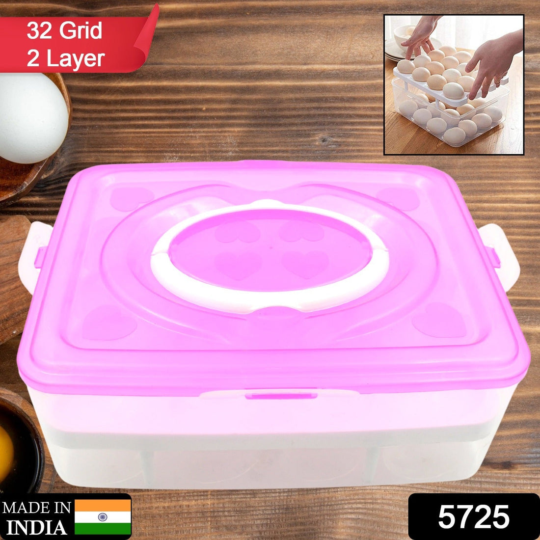 Top view of 2-layer 32-grid egg tray with lid and handle for egg storage