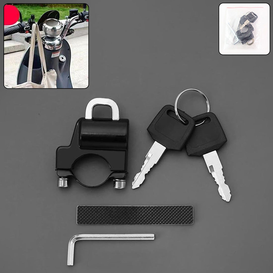 Heavy-duty metal helmet lock mounted on motorcycle handlebar for secure safety