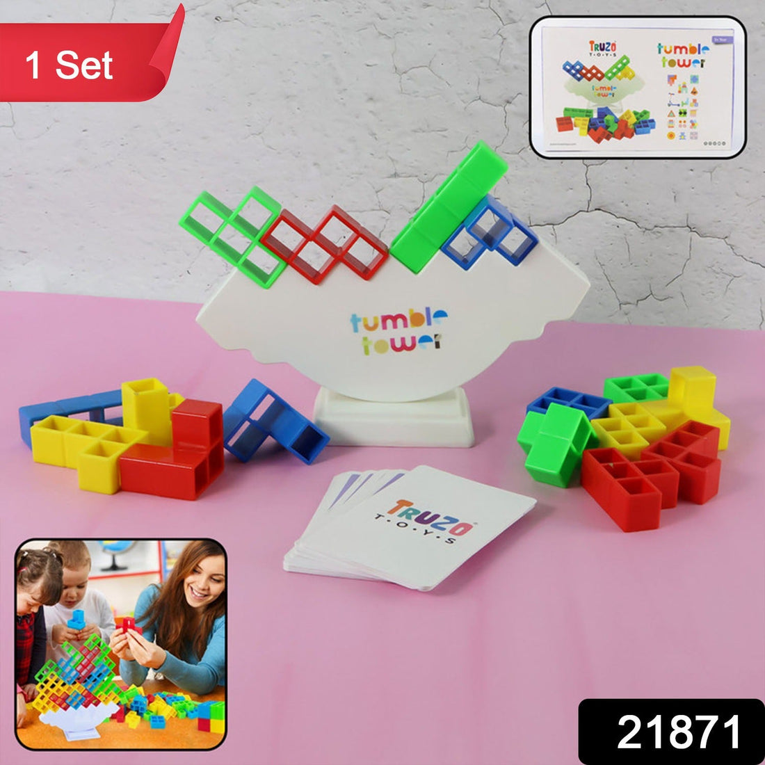 Tumble tower balancing blocks game set with colorful pieces and balance board