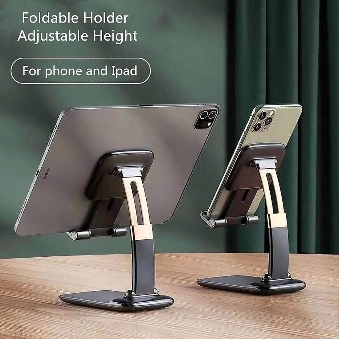 Foldable phone holder stand securely holds a smartphone on a modern desk.