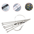 Plain background with a single stainless steel cable tie, highlighting its sleek design.