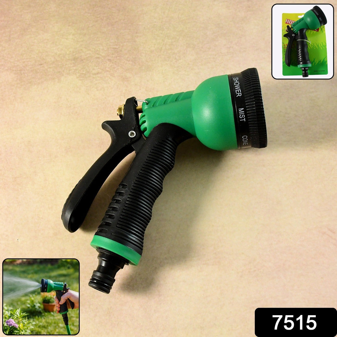 Multi-pattern garden hose spray nozzle showing trigger control and dial