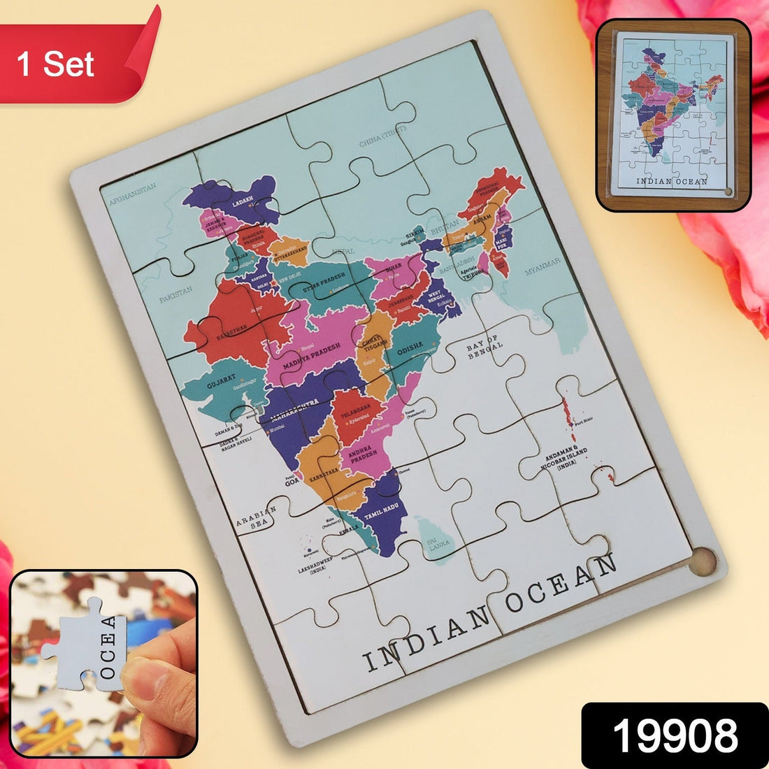 Colorful wooden India map puzzle, an engaging educational toy for kids.