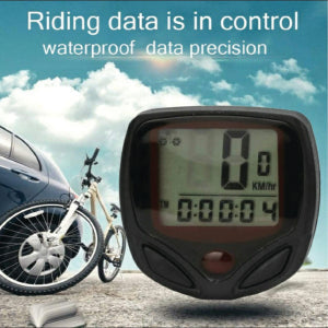 PowerPulse waterproof bicycle computer displaying speed and trip distance on a dark background.