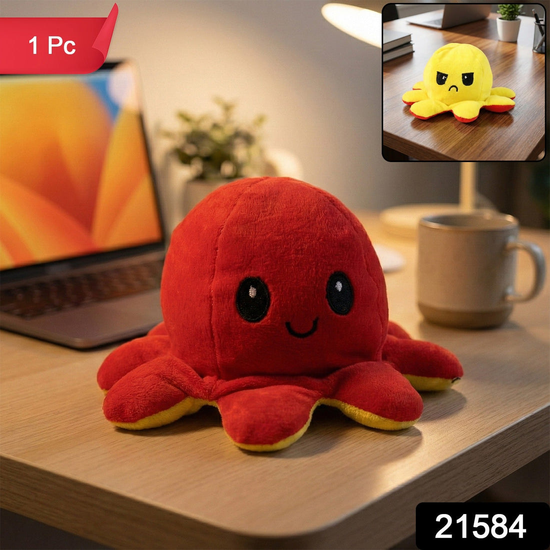 Reversible octopus plush toy showing happy face on soft desk decor