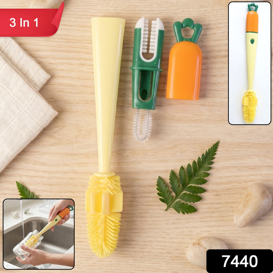3 in 1 bottle cleaning brush with silicone head, ideal for bottles and cups.