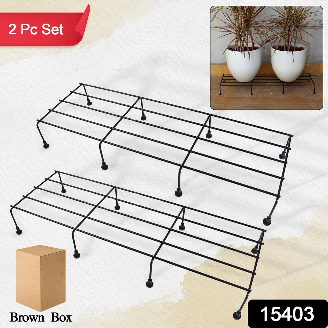 Metal rectangle flower plant stand displaying potted plants on a balcony