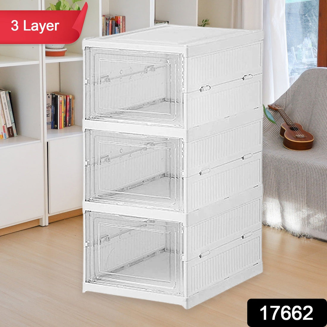 Organivo 3-layer stackable storage rack for clothes and kitchen items.