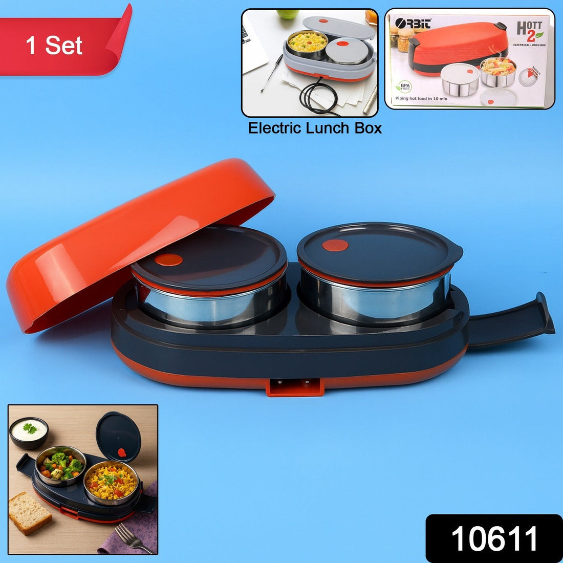 Electric lunch box with dual stainless steel containers for hot meals
