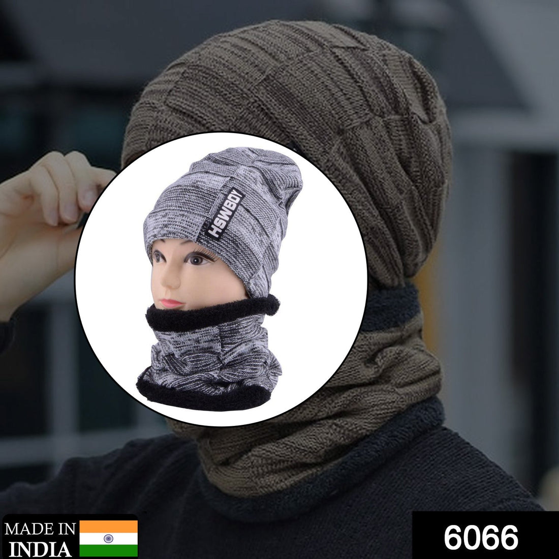 Unisex woolen beanie scarf set in classic black, perfect for winter warmth.