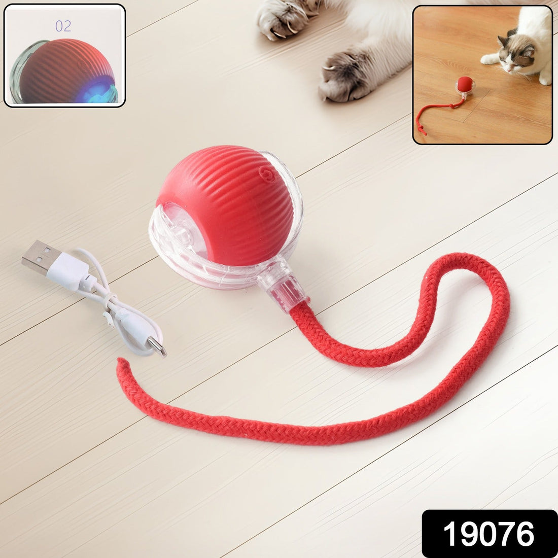 Rechargeable interactive cat toy ball with LED lights and detachable braided tail