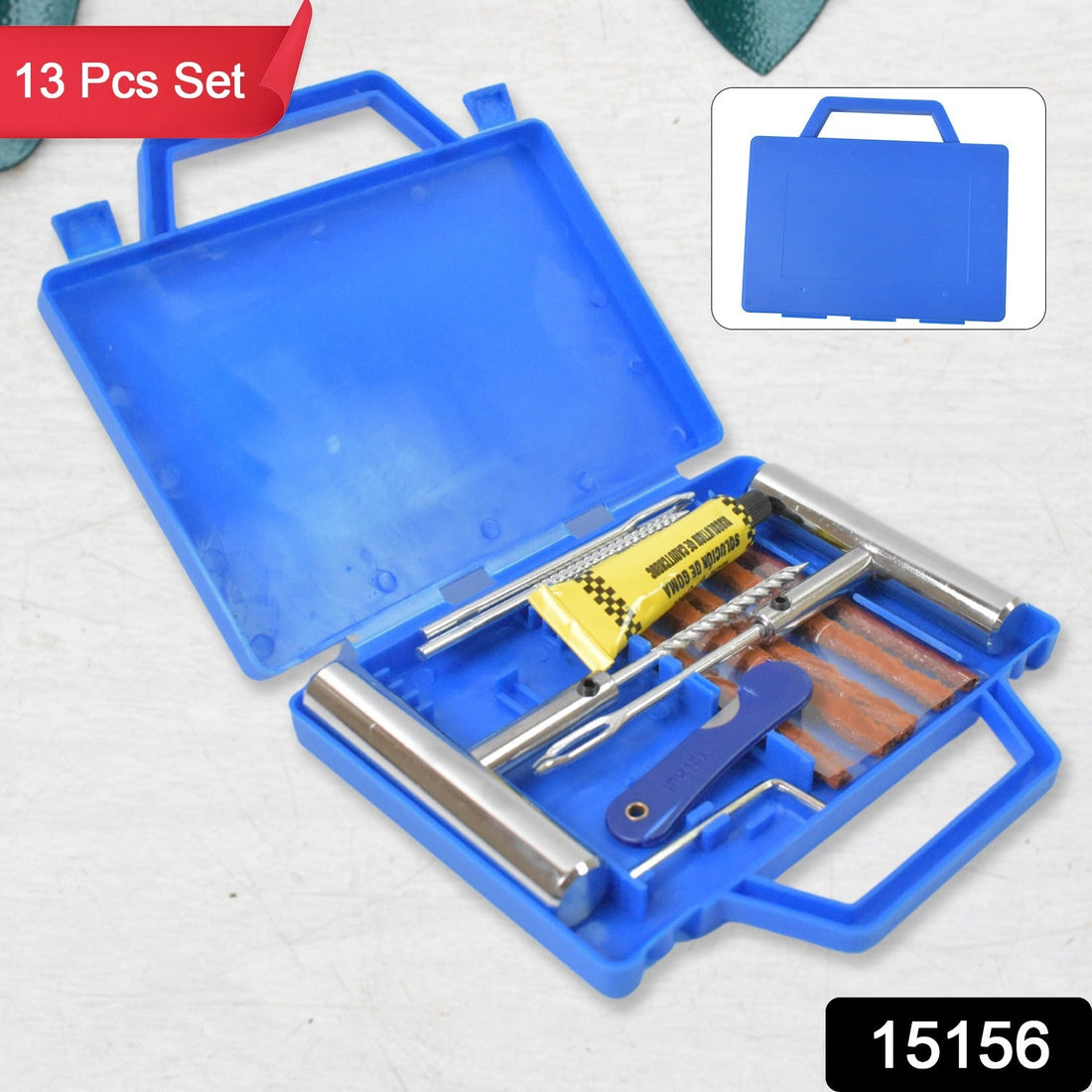 Complete 13-piece portable tire repair kit with all tools and storage box displayed.