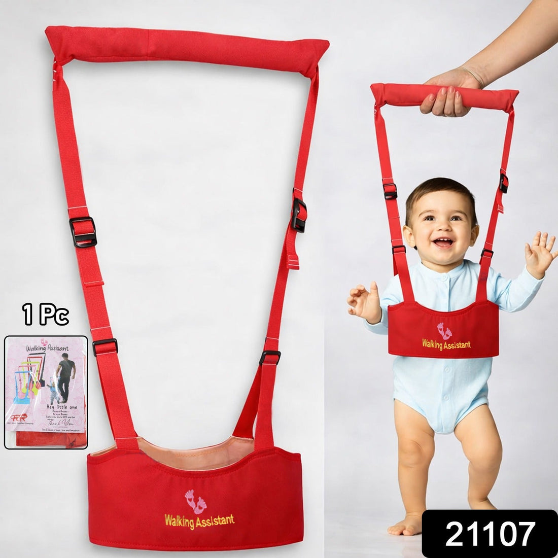 Toddler using a baby walking assistant harness with safety belt