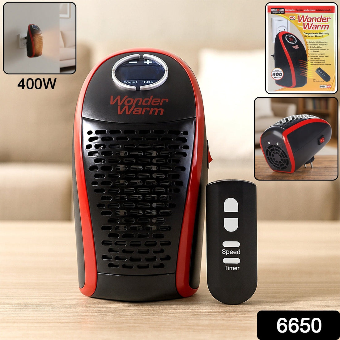 Front view of 400W wall plug room heater with black and red finish