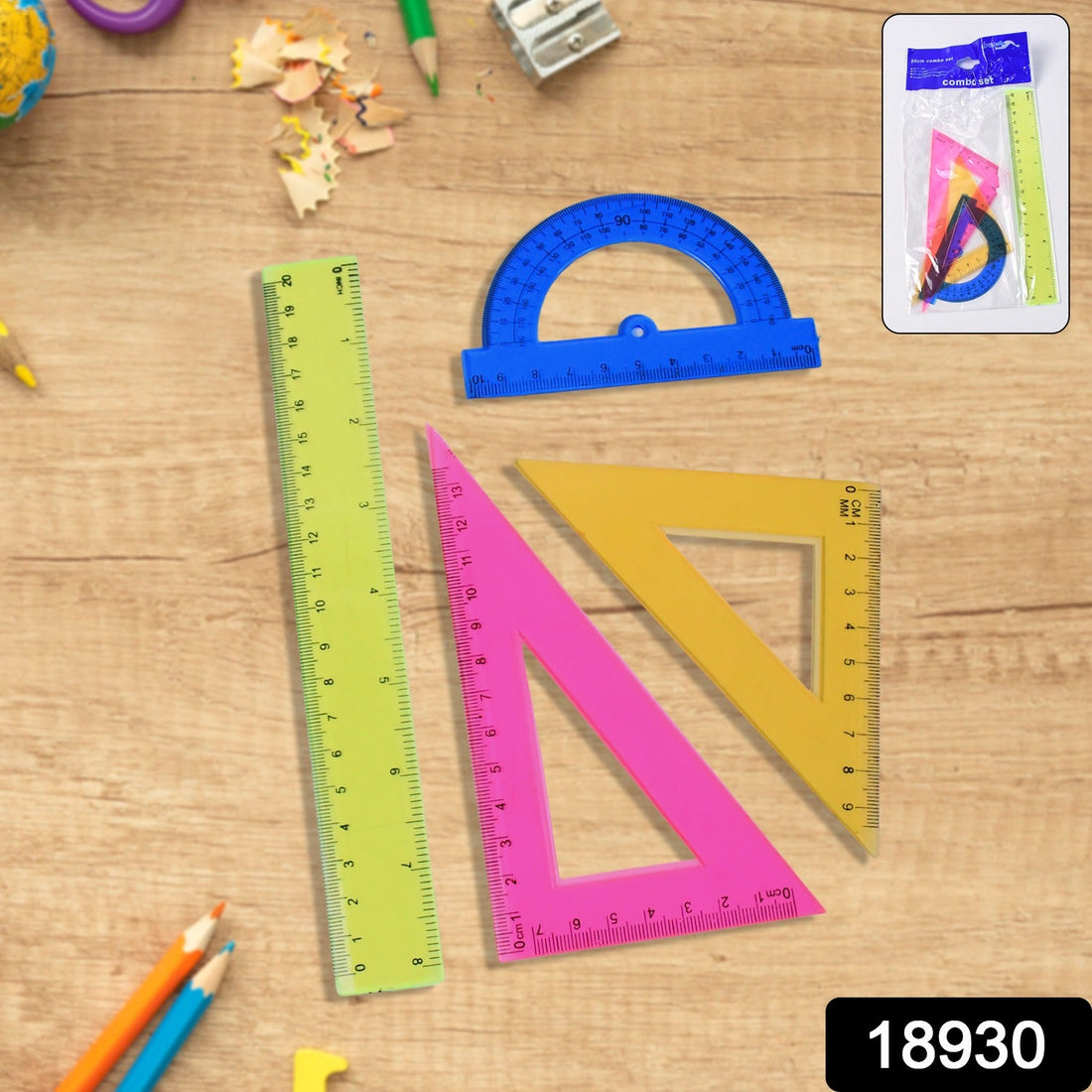 Clear plastic 4-piece geometry set with triangle ruler and protractor