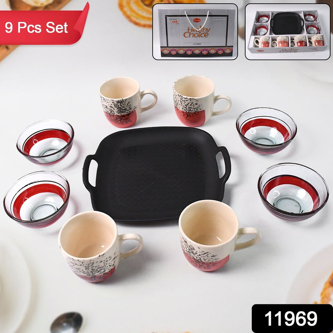 Ceramic cup and glass bowl set with plastic plate on table