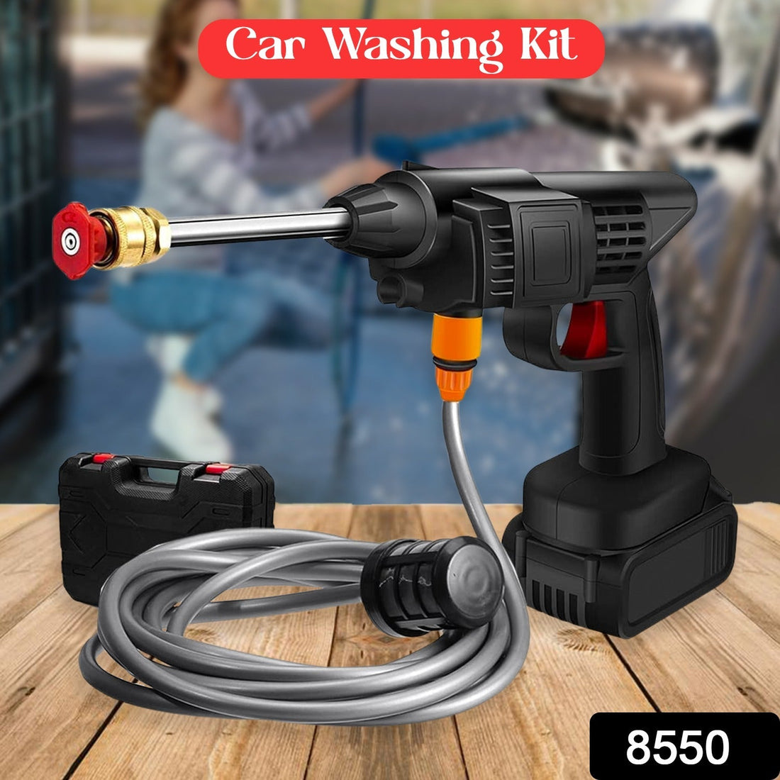 Front view of the 48V cordless car pressure washer, ready for action.