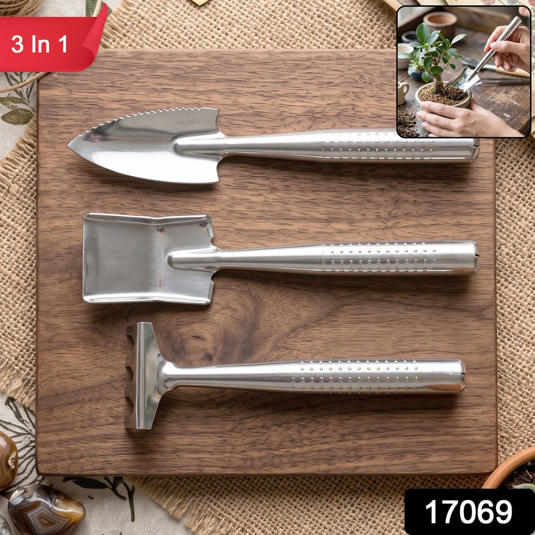 Stainless steel 3 in 1 garden hand tool set with spade, rake and fork (3 pc set)