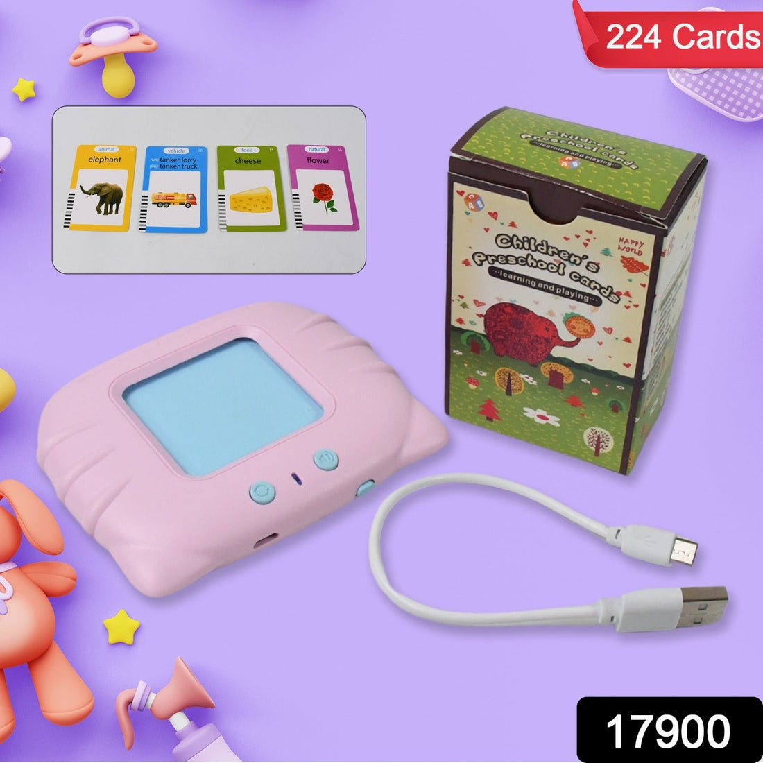 Interactive English learning machine for kids with colorful flash cards.